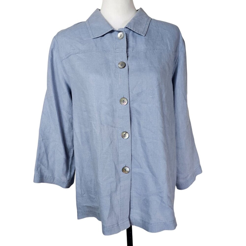 Orvis‎ Linen Button Up Blouse S Blue Pastel 3/4 Sleeve Lagenlook Coastal Relaxed